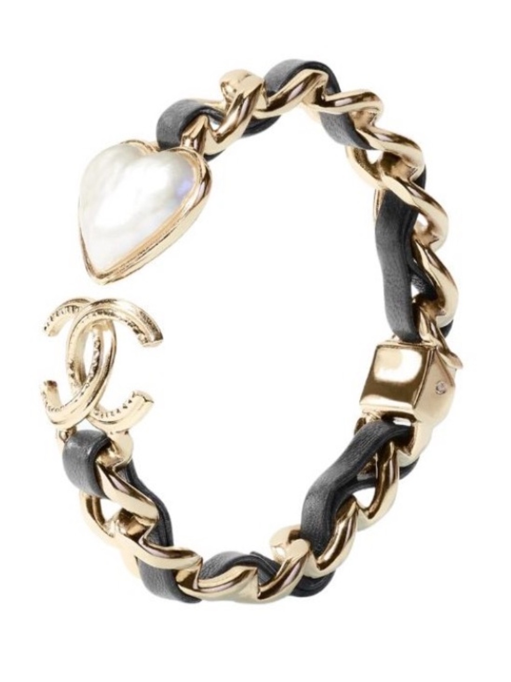 CHANEL Gold-Tone Chain Bracelet with Cream Heart and CC Accent